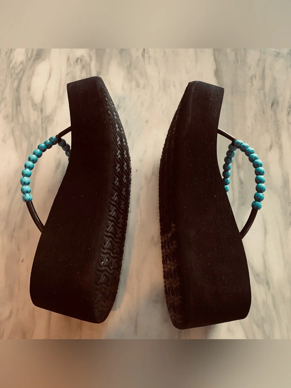 Esprit Black Platform Flip Flops with Turquoise Beaded Straps